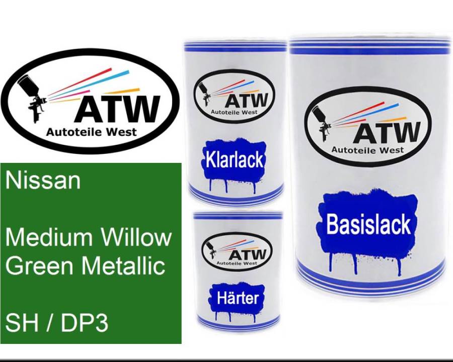 Nissan, Medium Willow Green Metallic, SH / DP3: 500ml Lackdose + 500ml Klarlack + 250ml Härter - Set, von ATW Autoteile West.